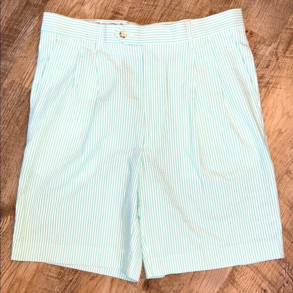 BERLE Mens Seersucker Striped Pleated Shorts Mint Green